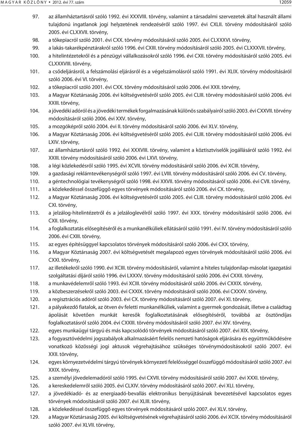 a tõkepiacról szóló 2001. évi CXX. törvény módosításáról szóló 2005. évi CLXXXVI. törvény, 99. a lakás-takarékpénztárakról szóló 1996. évi CXIII. törvény módosításáról szóló 2005. évi CLXXXVII.