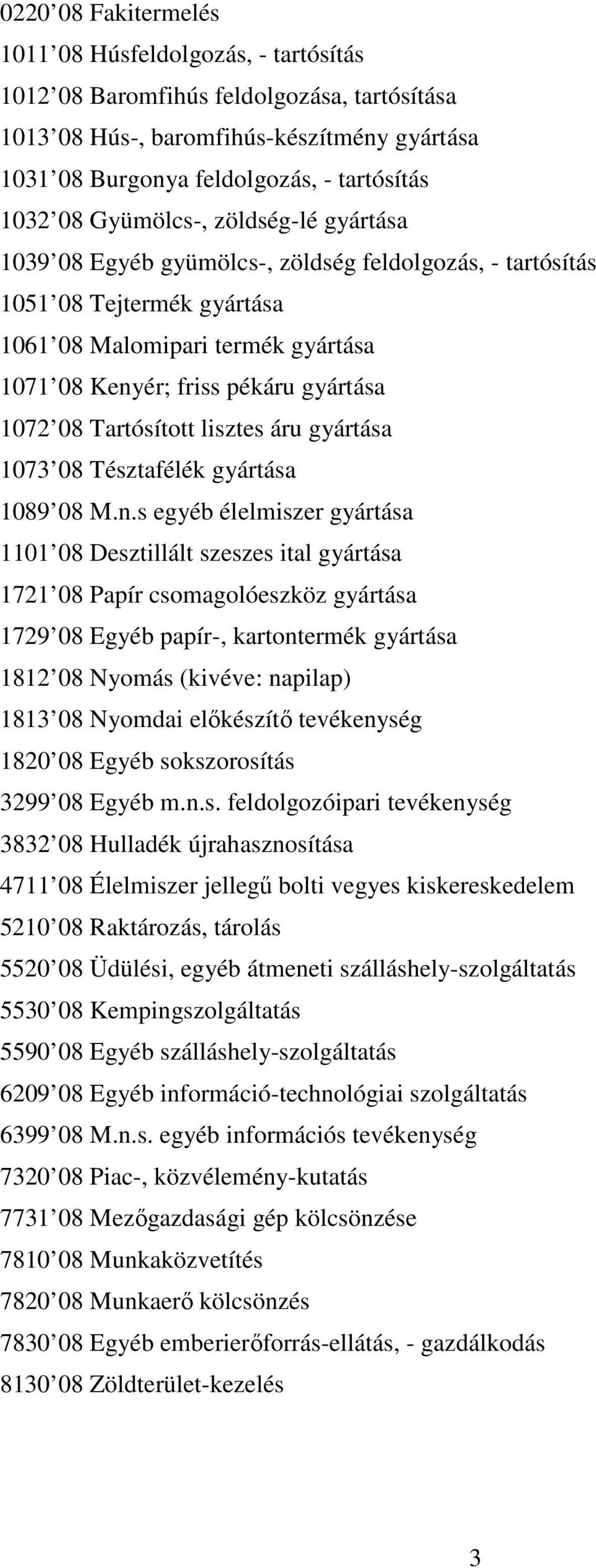 Tartósított lisztes áru gyártása 1073 08 Tésztafélék gyártása 1089 08 M.n.