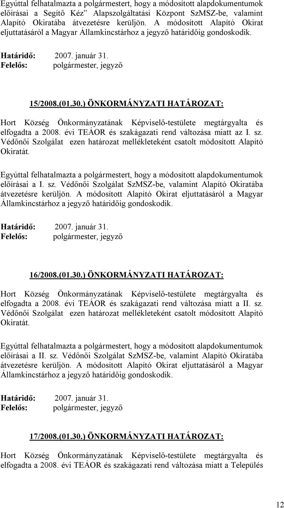 ) ÖNKORMÁNYZATI HATÁROZAT: Hort Község Önkormányzatának Képviselő-testülete megtárgyalta és elfogadta a 2008. évi TEÁOR és sza