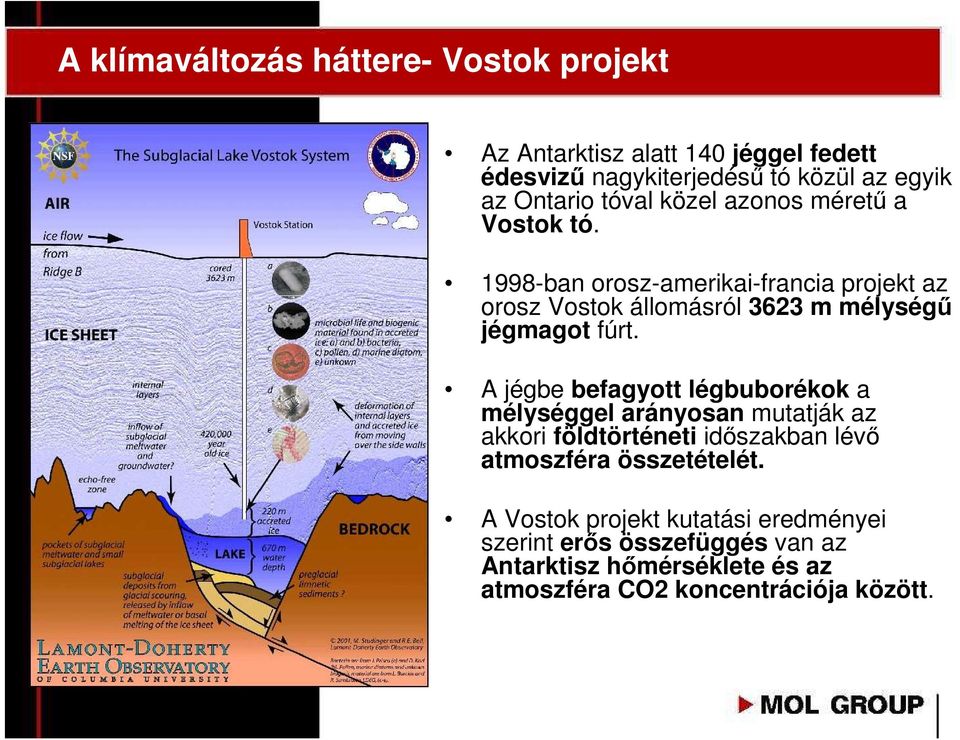 1998-ban orosz-amerikai-francia projekt az orosz Vostok állomásról 3623 m mélységő jégmagot fúrt.