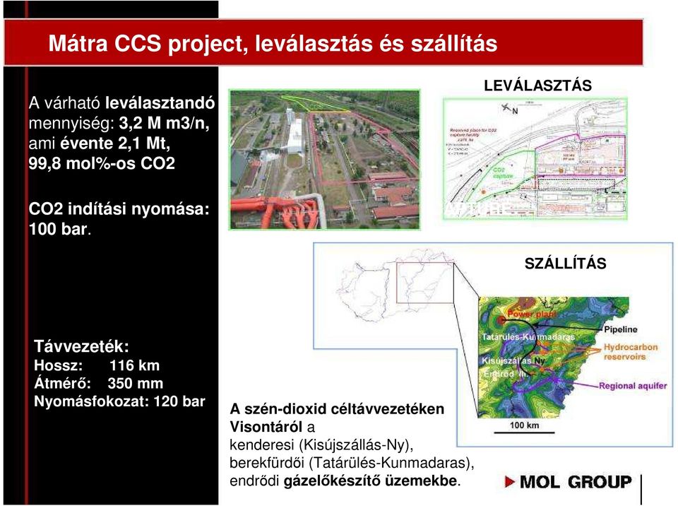 CAPTURE LEVÁLASZTÁS SZÁLLÍTÁS Távvezeték: Hossz: 116 km Átmérı: 350 mm Nyomásfokozat: 120 bar A