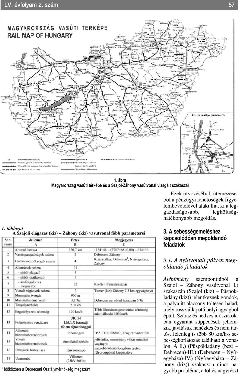 legköltséghatékonyabb megoldás. 1. táblázat A Szajoli elágazás (kiz) Záhony (kiz) vasútvonal fõbb paraméterei 3. A sebességemeléshez kapcsolódóan megoldandó feladatok 3.1. A nyíltvonali pályán megoldandó feladatok 1 Idõközben a Debreceni Osztálymérnökség megszûnt Alépítmény szempontjából a Szajol Záhony vasútvonal I.