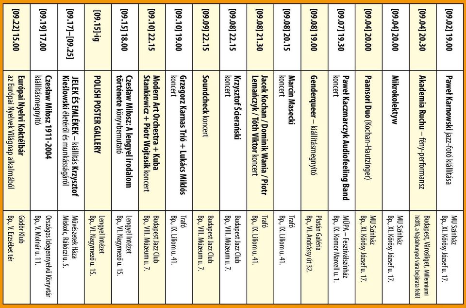 30 Jacek Kochan / Dominik Wania / Piotr emańczyk / Tóth Viktor koncert [09.08] 22.15 Krzysztof Ścierański koncert [09.09] 22.15 Soundcheck koncert [09.10] 19.