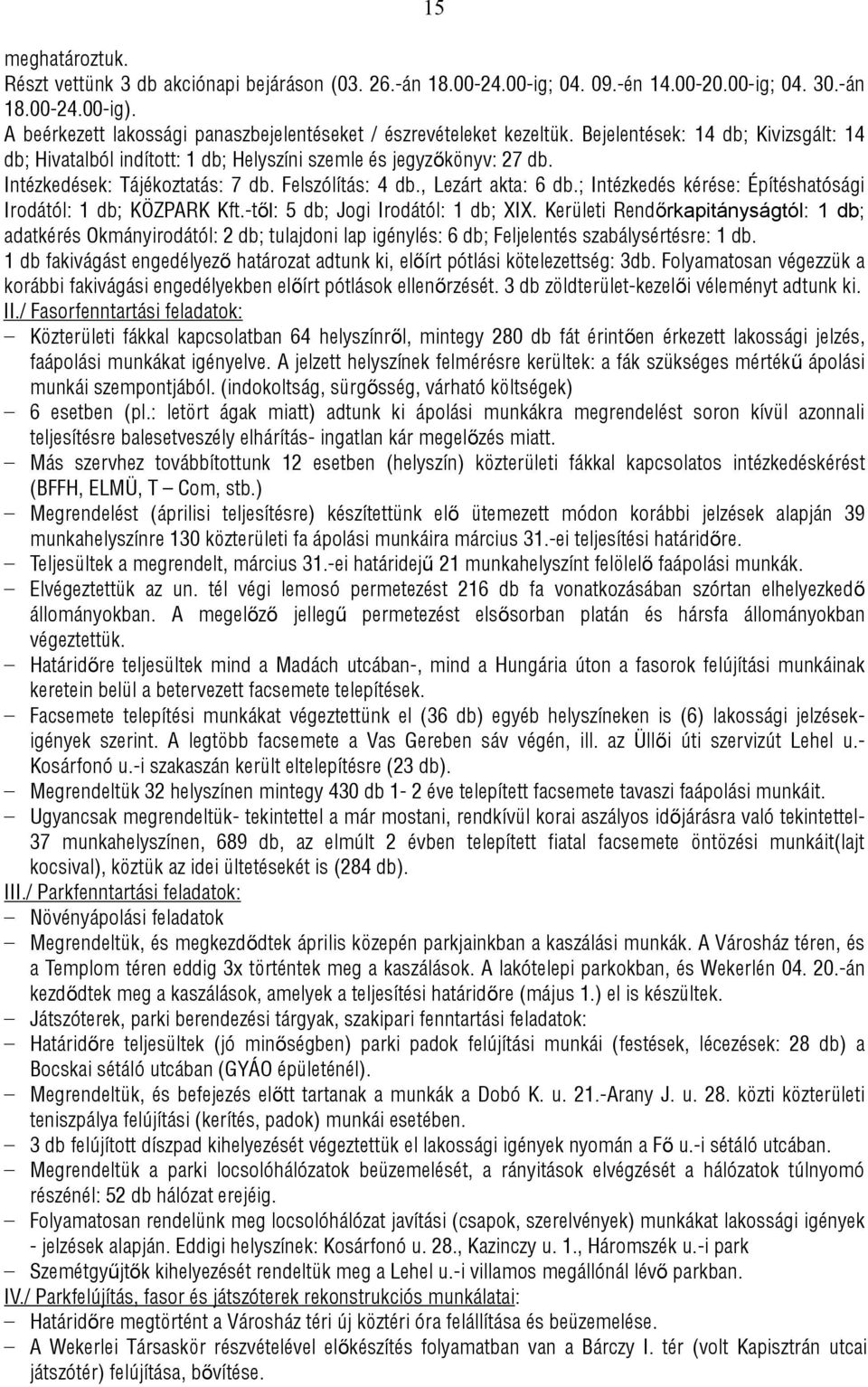 Intézkedések: Tájékoztatás: 7 db. Felszólítás: 4 db., Lezárt akta: 6 db.; Intézkedés kérése: Építéshatósági Irodától: 1 db; KÖZPARK Kft.-től: 5 db; Jogi Irodától: 1 db; XIX.