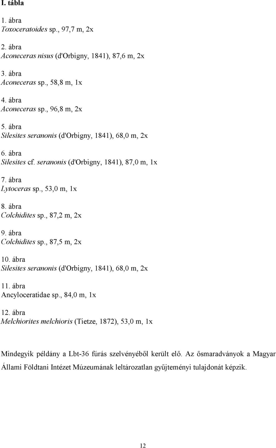 , 87,2 m, 2x 9. ábra Colchidites sp., 87,5 m, 2x 10. ábra Silesites seranonis (d'orbigny, 1841), 68,0 m, 2x 11. ábra Ancyloceratidae sp., 84,0 m, 1x 12.