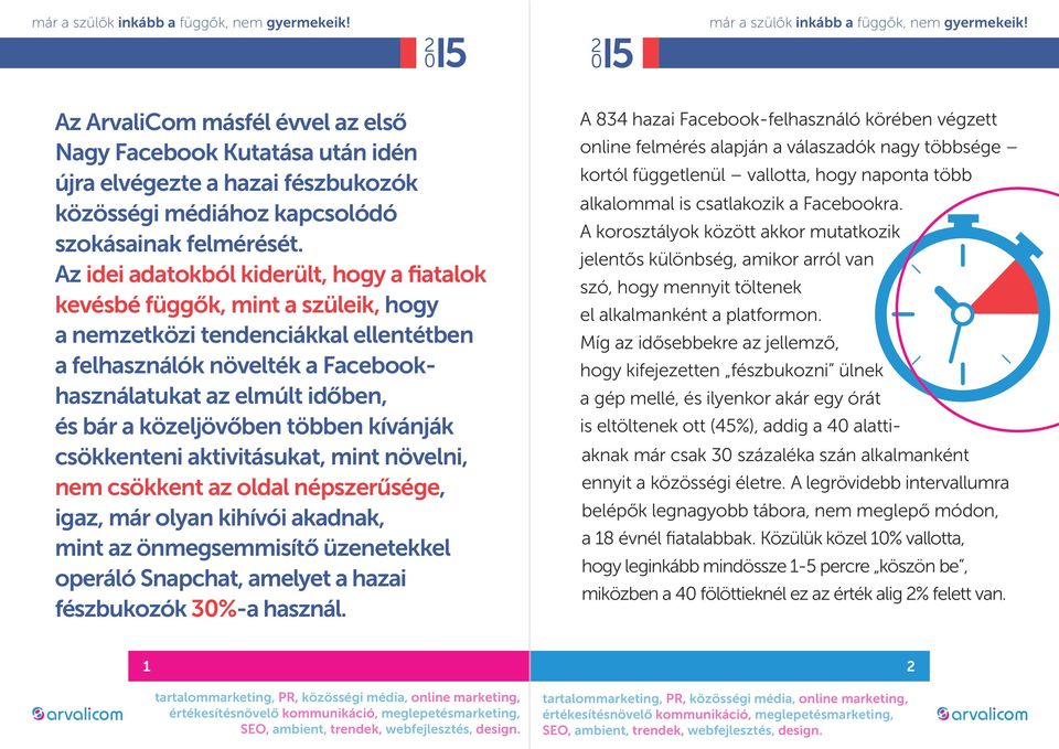 közeljövőben többen kívánják csökkenteni aktivitásukat, mint növelni, nem csökkent az oldal népszerűsége, igaz, már olyan kihívói akadnak, mint az önmegsemmisítő üzenetekkel operáló Snapchat, amelyet