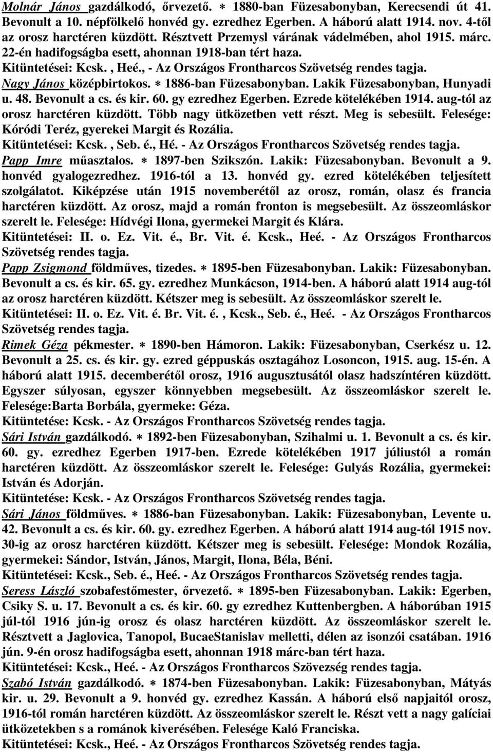 Nagy János középbirtokos. 1886-ban Füzesabonyban. Lakik Füzesabonyban, Hunyadi u. 48. Bevonult a cs. és kir. 60. gy ezredhez Egerben. Ezrede kötelékében 1914. aug-tól az orosz harctéren küzdött.