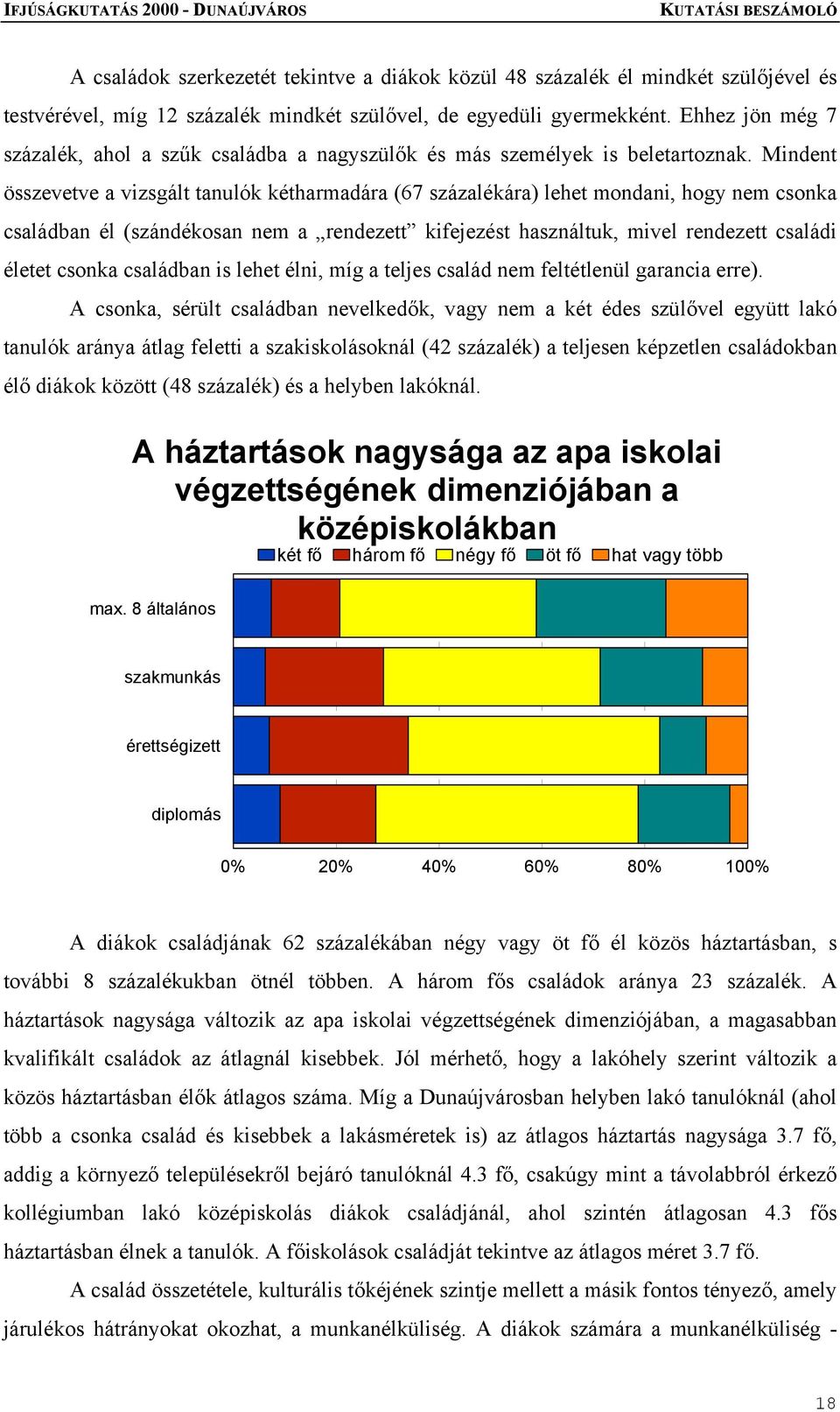 Mindent összevetve a vizsgált tanulók kétharmadára (67 százalékára) lehet mondani, hogy nem csonka családban él (szándékosan nem a rendezett kifejezést használtuk, mivel rendezett családi életet