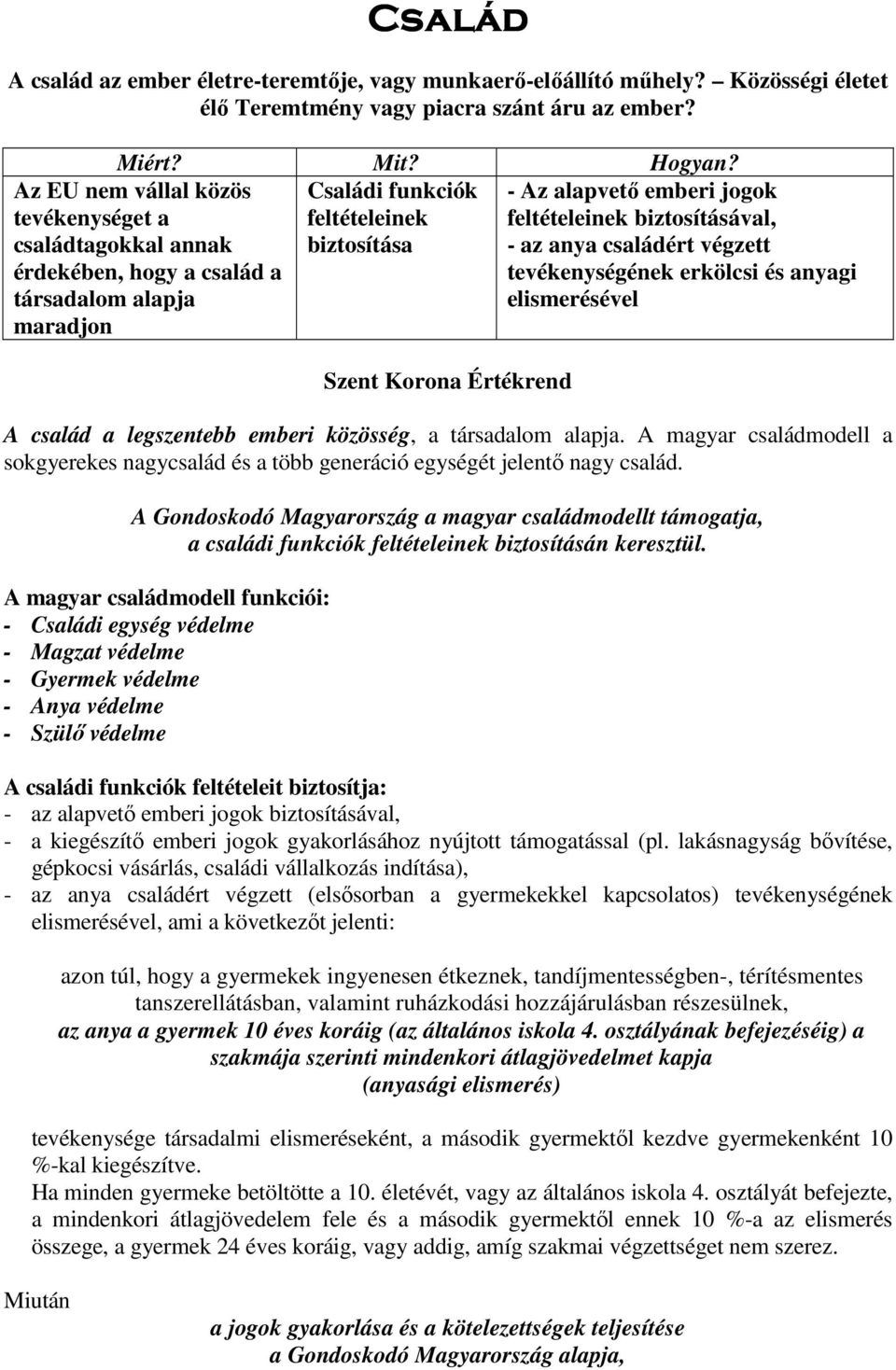 emberi jogok feltételeinek biztosításával, - az anya családért végzett tevékenységének erkölcsi és anyagi elismerésével A család a legszentebb emberi közösség, a társadalom alapja.