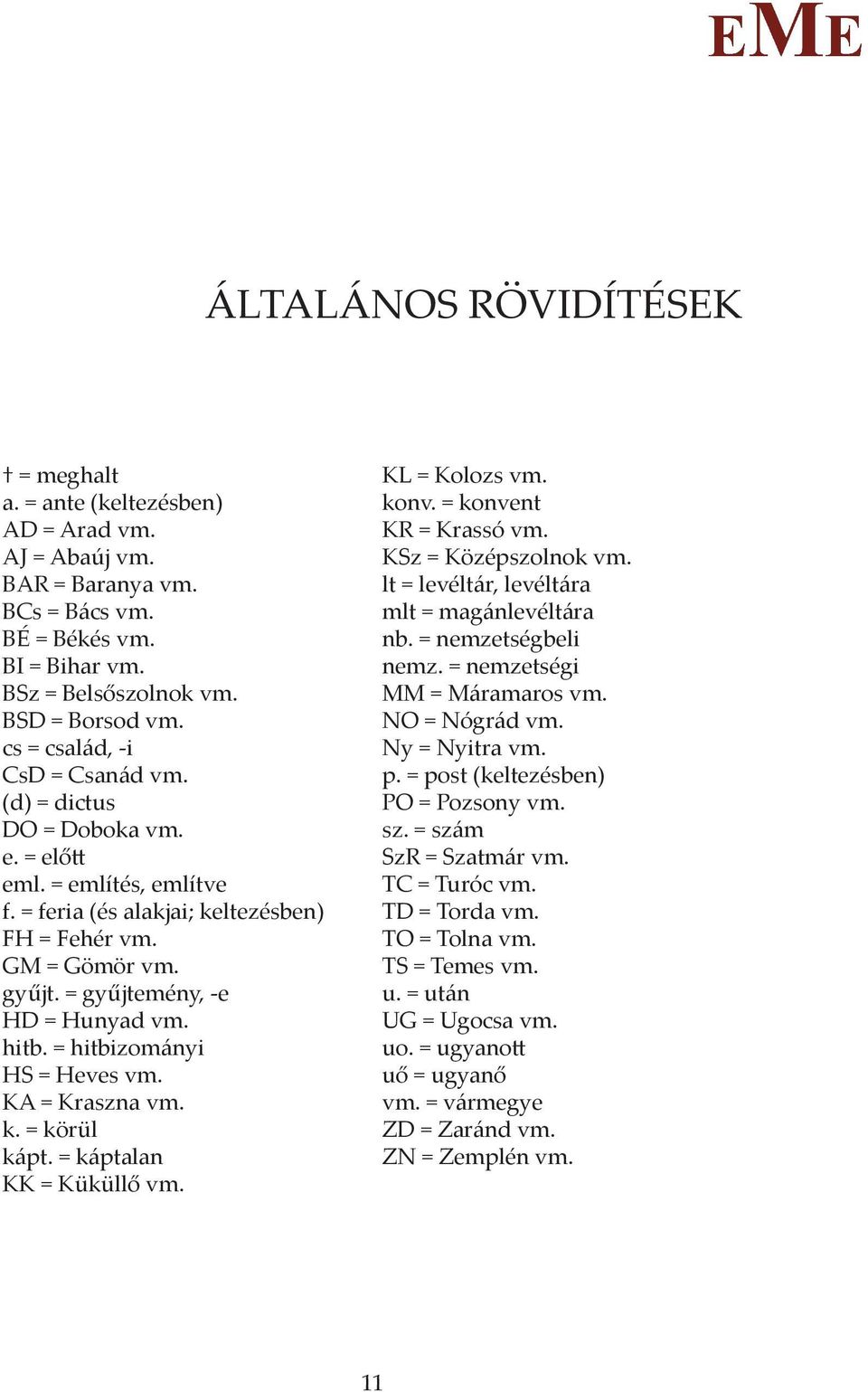 = gyűjtemény, -e HD = Hunyad vm. hitb. = hitbizományi HS = Heves vm. KA = Kraszna vm. k. = körül kápt. = káptalan KK = Küküllő vm. KL = Kolozs vm. konv. = konvent KR = Krassó vm.