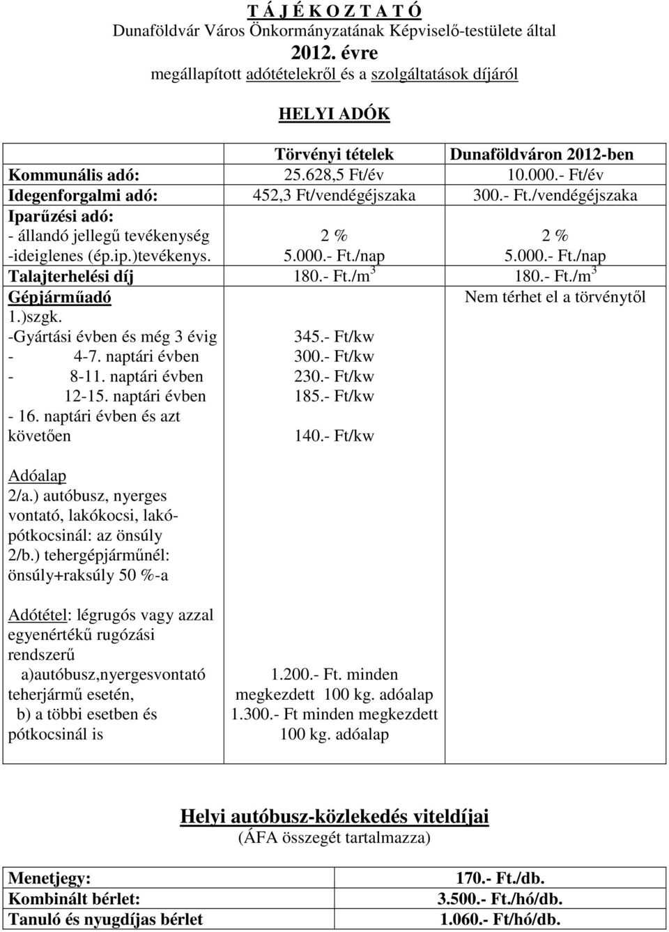 - Ft/év Idegenforgalmi adó: 452,3 Ft/vendégéjszaka 300.- Ft./vendégéjszaka Iparűzési adó: - állandó jellegű tevékenység -ideiglenes (ép.ip.)tevékenys. 2 % 5.000.- Ft./nap 2 % 5.000.- Ft./nap Talajterhelési díj 180.