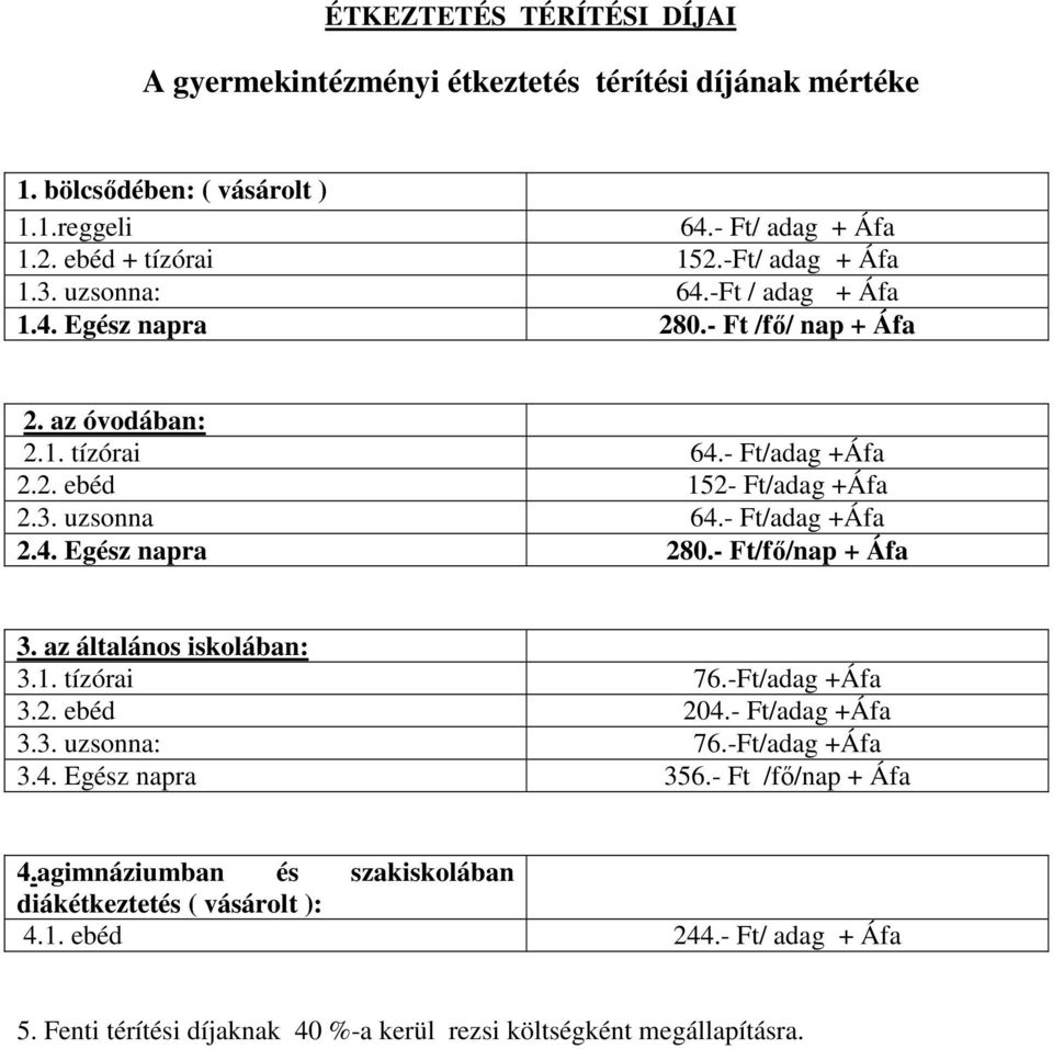 - Ft/adag +Áfa 2.4. Egész napra 280.- Ft/fő/nap + Áfa 3. az általános iskolában: 3.1. tízórai 76.-Ft/adag +Áfa 3.2. ebéd 204.- Ft/adag +Áfa 3.3. uzsonna: 76.-Ft/adag +Áfa 3.4. Egész napra 356.