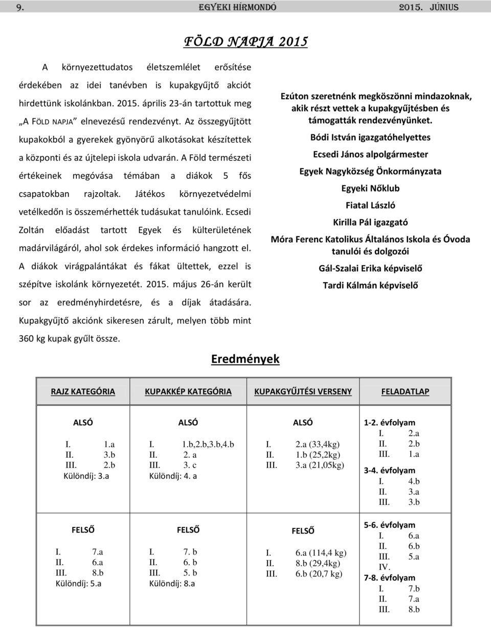 Játékos környezetvédelmi vetélkedőn is összemérhették tudásukat tanulóink. Ecsedi Zoltán előadást tartott Egyek és külterületének madárvilágáról, ahol sok érdekes információ hangzott el.