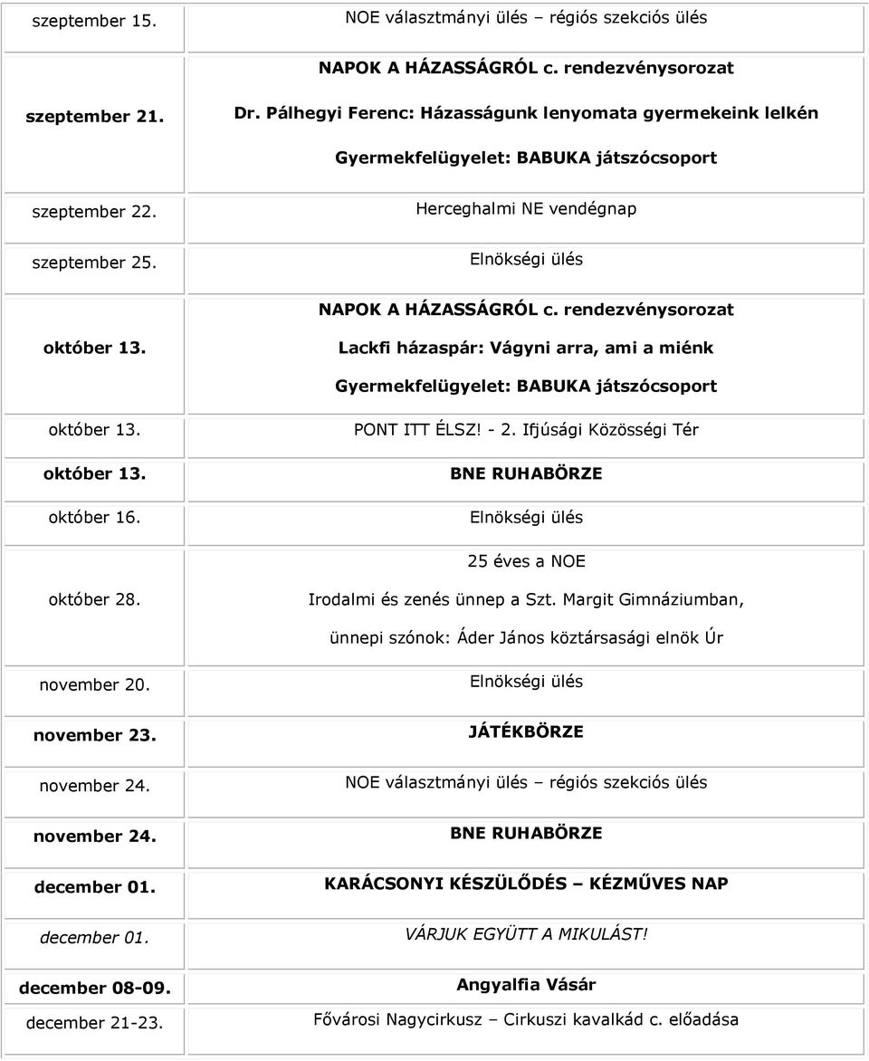 Ifjúsági Közösségi Tér 25 éves a NOE október 28. Irodalmi és zenés ünnep a Szt. Margit Gimnáziumban, ünnepi szónok: Áder János köztársasági elnök Úr november 20. november 23. JÁTÉKBÖRZE november 24.