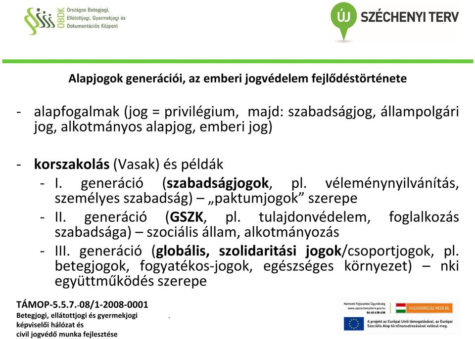 szabadság) paktumjogok szerepe - II generáció (GSZK, pl tulajdonvédelem, foglalkozás szabadsága) szociális állam, alkotmányozás - III