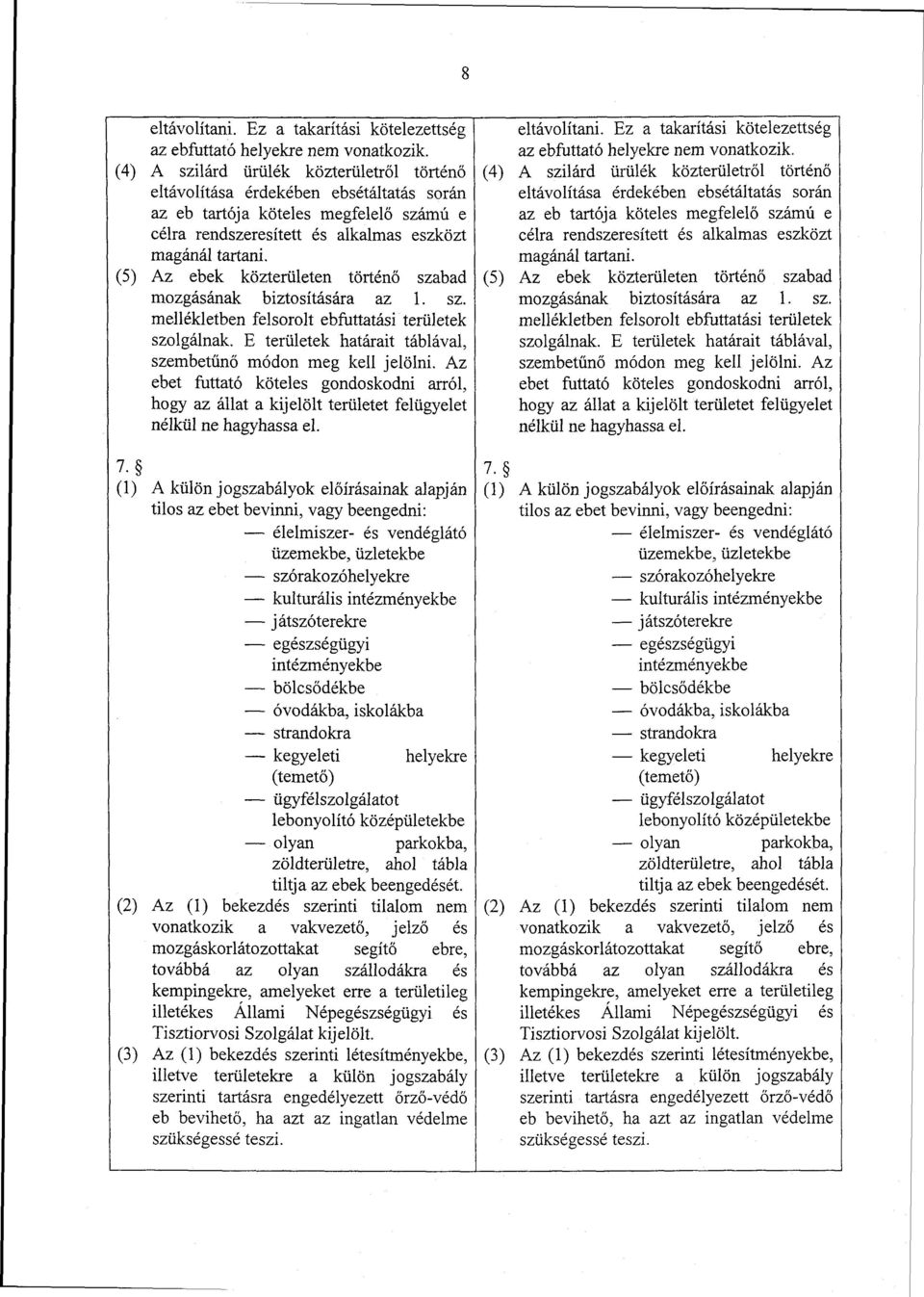 (5) Az ebek közterületen történő szabad mozgásának biztosítására az 1. sz. mellékletben felsorolt ebfuttatási területek szolgálnak. E területek határait táblával, szembetűnő módon meg kell jelölni.