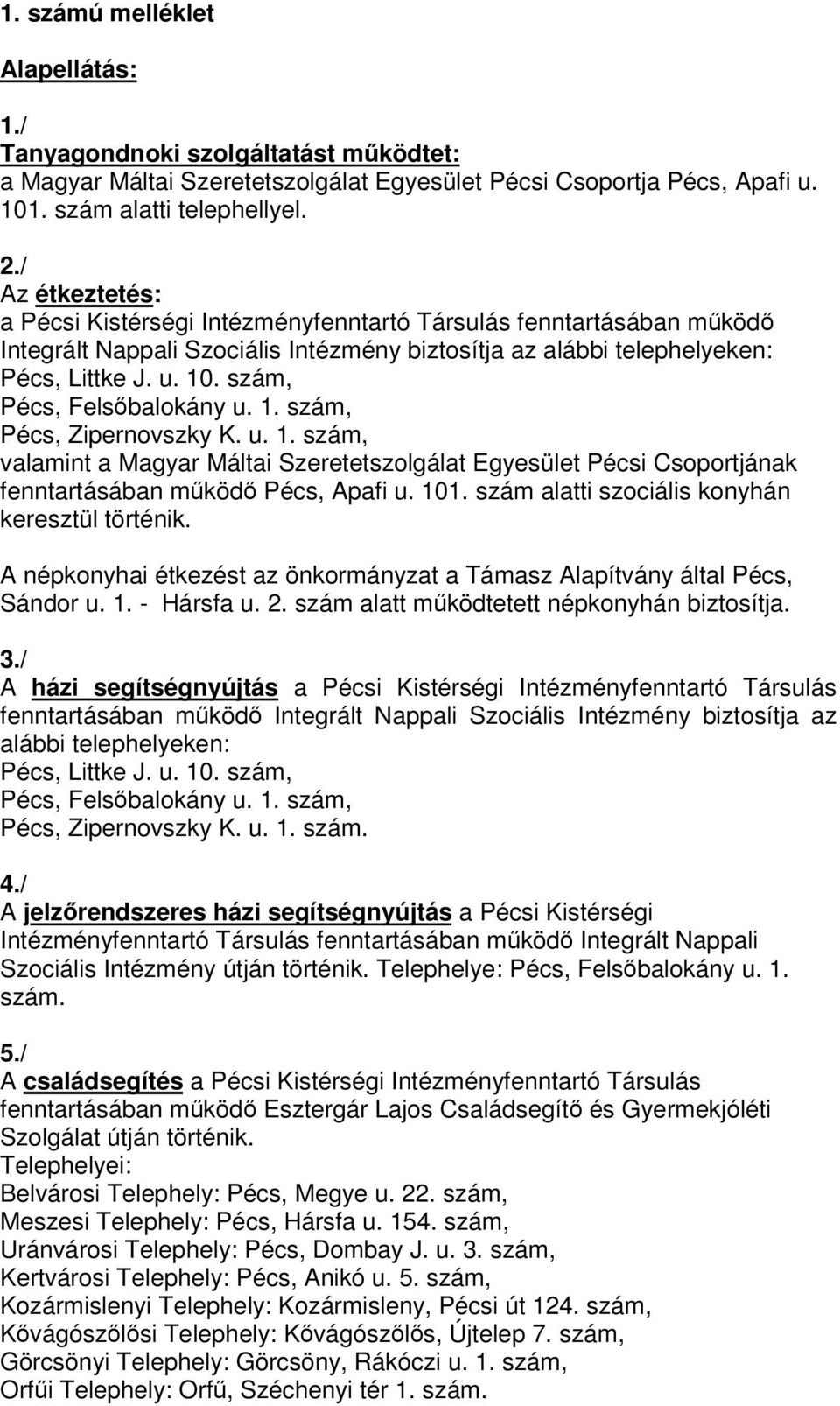 1. szám, Pécs, Zipernovszky K. u. 1. szám, valamint a Magyar Máltai Szeretetszolgálat Egyesület Pécsi Csoportjának fenntartásában mköd Pécs, Apafi u. 101.