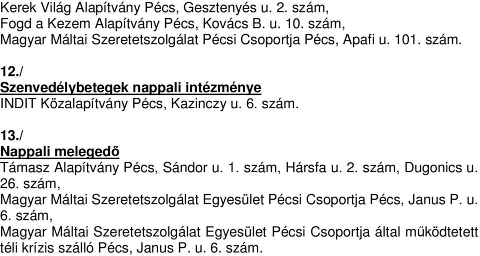 / Szenvedélybetegek nappali intézménye INDIT Közalapítvány Pécs, Kazinczy u. 6. szám. 13./ Nappali meleged Támasz Alapítvány Pécs, Sándor u. 1. szám, Hársfa u.