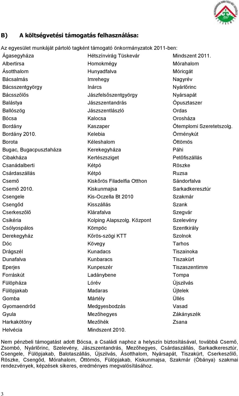 Csengele Csengőd Cserkeszőlő Csikéria Csólyospálos Derekegyház Dóc Drágszél Dunafalva Eperjes Forráskút Fülöpháza Fülöpjakab Gomba Gyomaendrőd Gyula Harkakötöny Helvécia Hétszínvirág Tüskevár