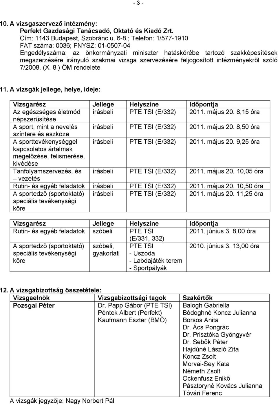 intézményekről szóló 7/2008. (X. 8.) ÖM rendelete 11. A vizsgák jellege, helye, ideje: Vizsgarész Jellege Helyszíne Időpontja Az egészséges életmód írásbeli PTE TSI (E/332) 2011. május 20.