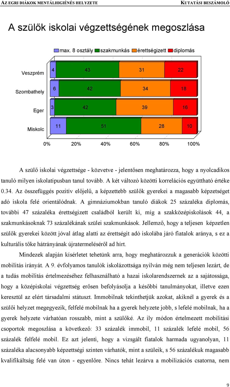 meghatározza, hogy a nyolcadikos tanuló milyen iskolatípusban tanul tovább. A két változó közötti korrelációs együttható értéke 0.34.