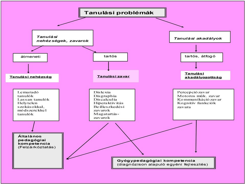 Discalculia Hiperaktivitás Beilleszkedési zavarok Magatartászavarok Percepciózavar Motoros műk.