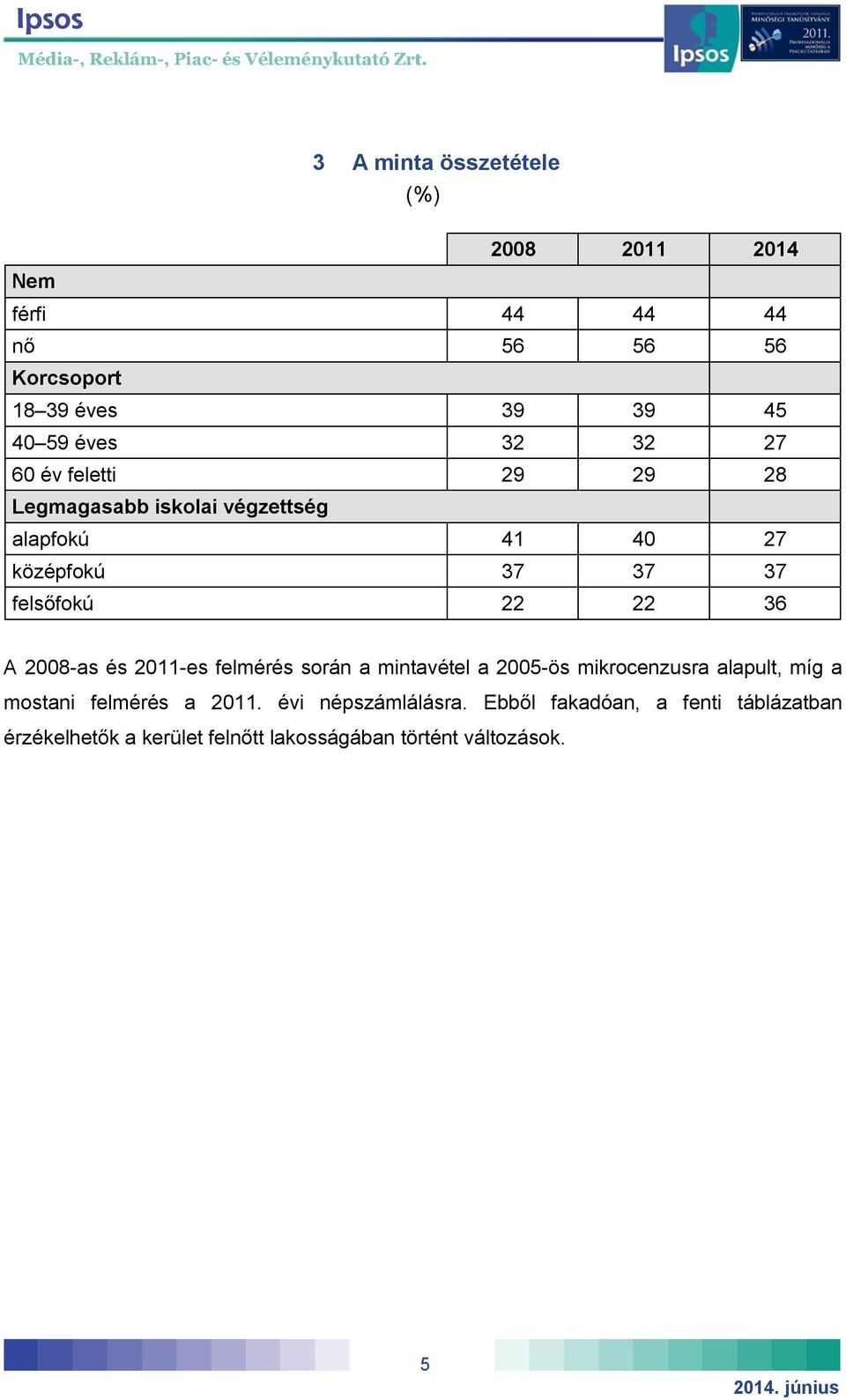 A 2008-as és 2011-es felmérés során a mintavétel a 2005-ös mikrocenzusra alapult, míg a mostani felmérés a 2011.