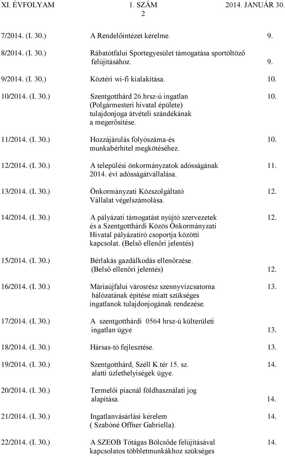 2014. évi adósságátvállalása. 13/2014. (I. 30.) Önkormányzati Közszolgáltató 12. Vállalat végelszámolása. 14/2014. (I. 30.) A pályázati támogatást nyújtó szervezetek 12.