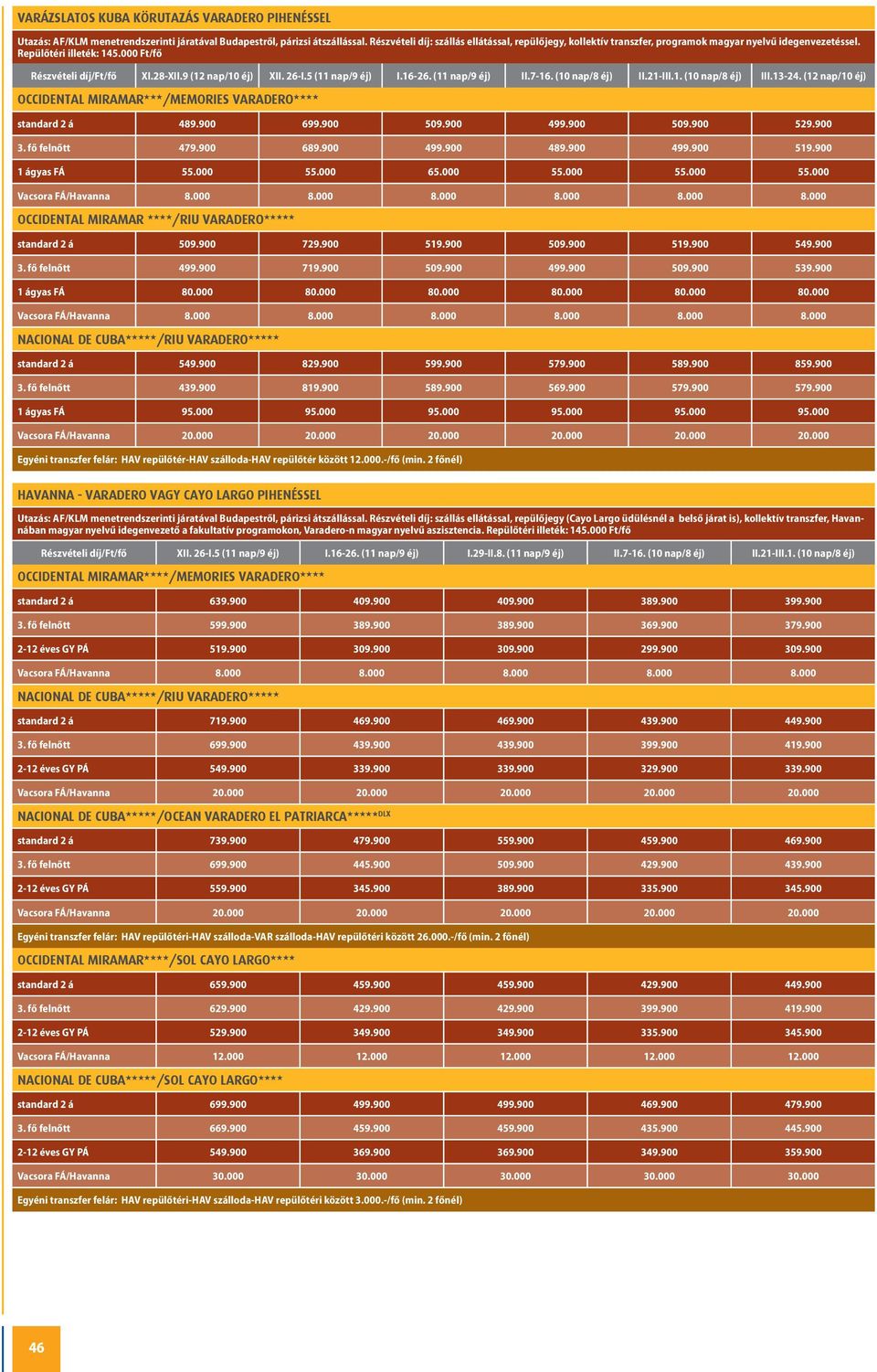 26-I.5 (11 nap/9 éj) I.16-26. (11 nap/9 éj) II.7-16. (10 nap/8 éj) II.21-III.1. (10 nap/8 éj) III.13-24. (12 nap/10 éj) OCCIDENTAL MIRAMAR HHH /MEMORIES VARADERO HHHH standard 2 á 489.900 699.900 509.