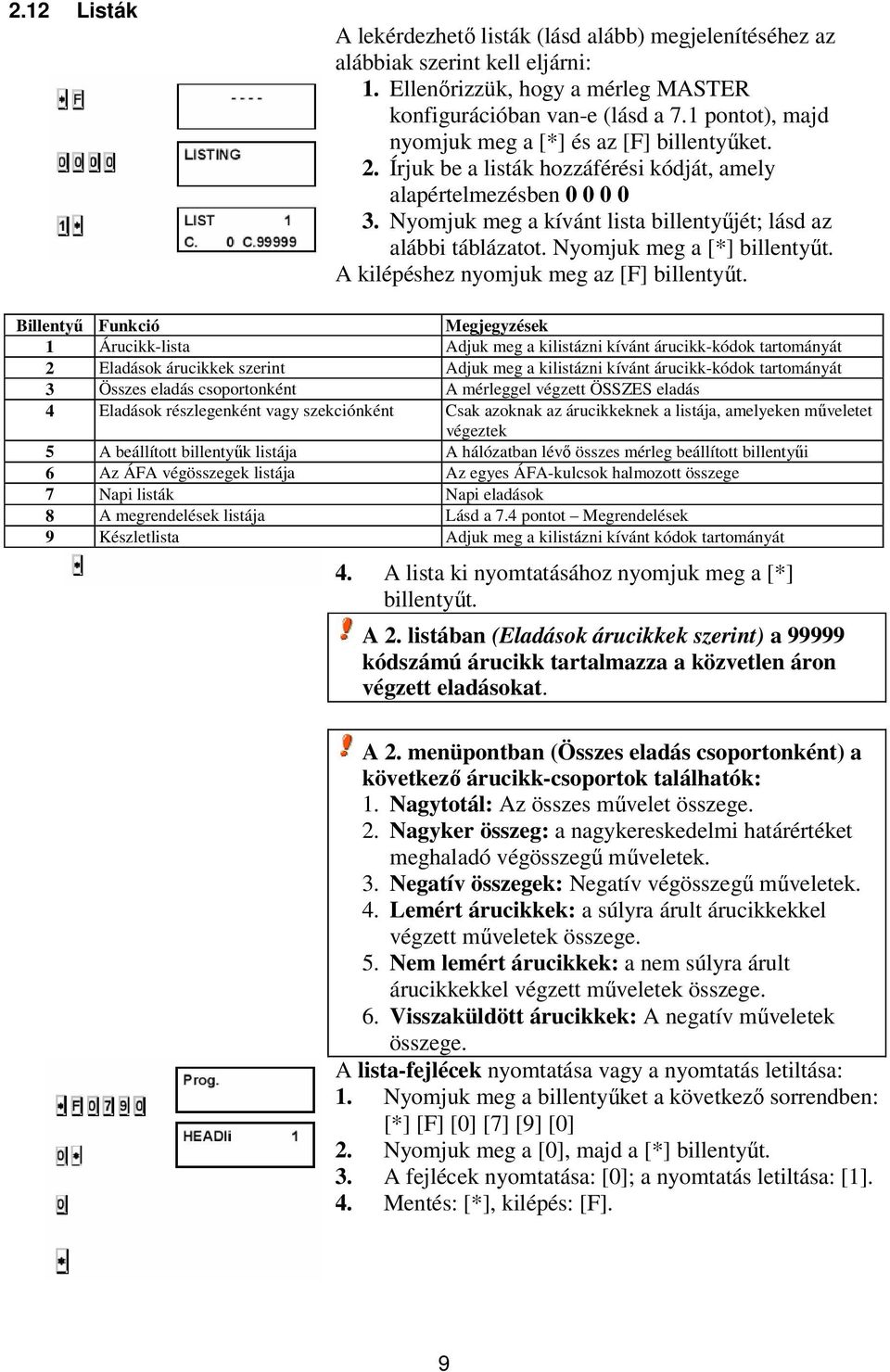 Nyomjuk meg a kívánt lista billentyűjét; lásd az alábbi táblázatot.