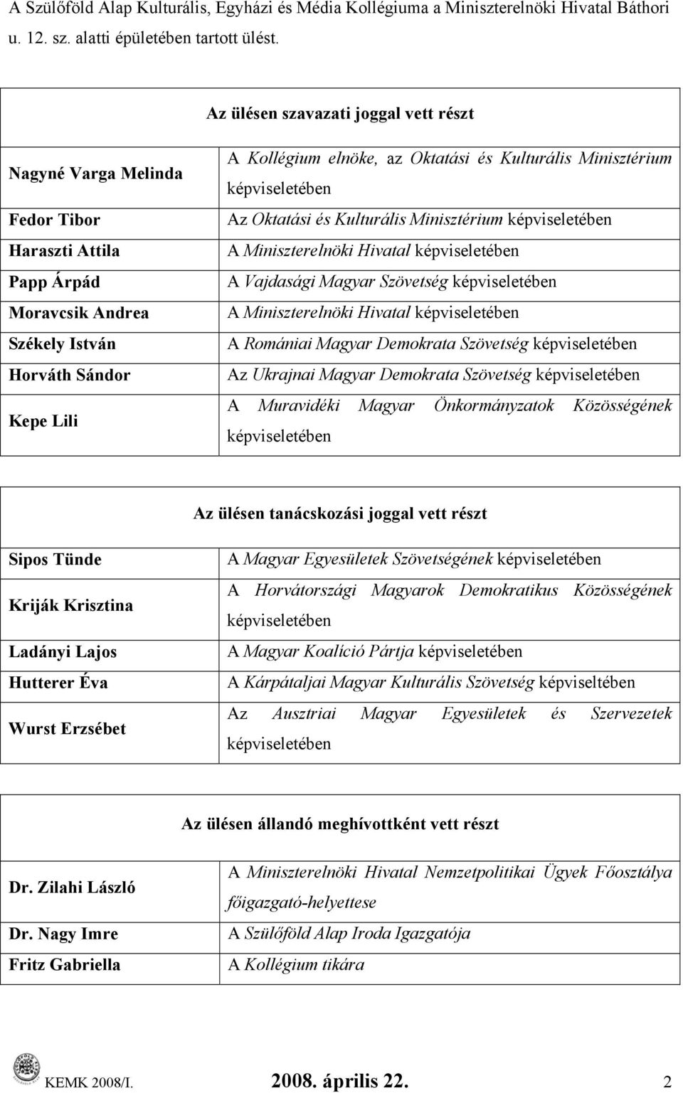 Kulturális Minisztérium képviseletében Az Oktatási és Kulturális Minisztérium képviseletében A Miniszterelnöki Hivatal képviseletében A Vajdasági Magyar Szövetség képviseletében A Miniszterelnöki