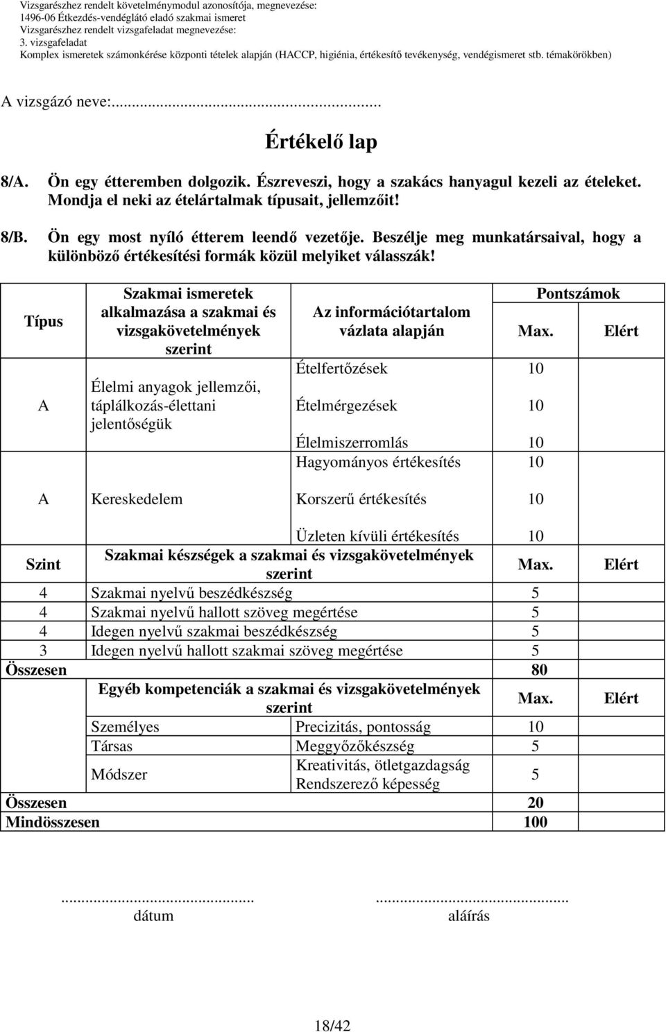 Típus Szakmai ismeretek alkalmazása a szakmai és vizsgakövetelmények Élelmi anyagok jellemzıi, táplálkozás-élettani jelentıségük z információtartalom vázlata alapján Ételfertızések Ételmérgezések