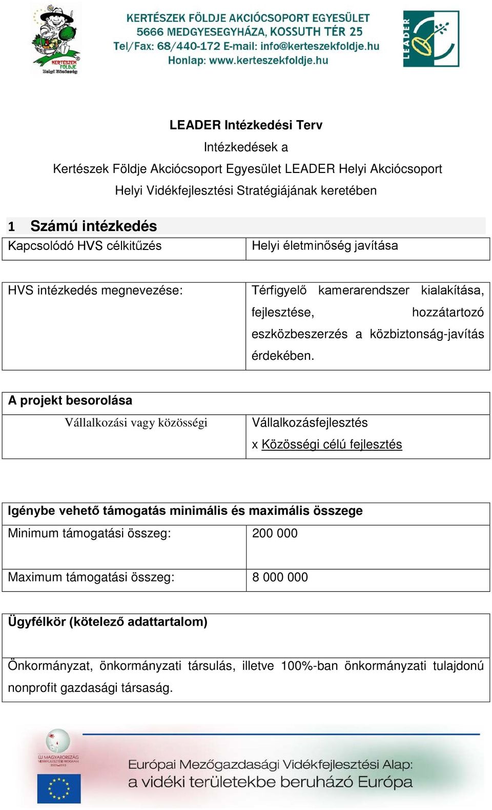 A projekt besorolása Vállalkozási vagy közösségi Vállalkozásfejlesztés x Közösségi célú fejlesztés Igénybe vehető támogatás minimális és maximális összege Minimum támogatási összeg: