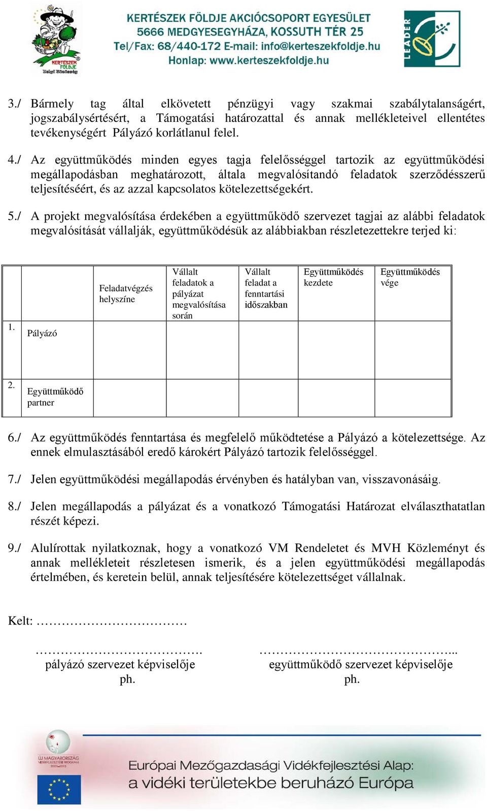 kötelezettségekért. 5./ A projekt megvalósítása érdekében a együttműködő szervezet tagjai az alábbi feladatok megvalósítását vállalják, együttműködésük az alábbiakban részletezettekre terjed ki: 1.