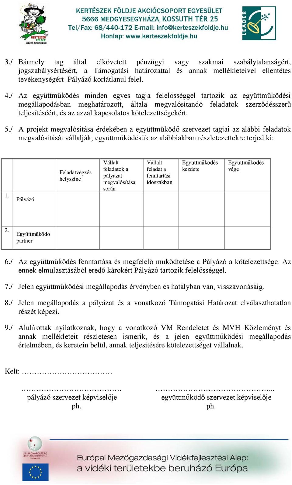 kötelezettségekért. 5./ A projekt megvalósítása érdekében a együttműködő szervezet tagjai az alábbi feladatok megvalósítását vállalják, együttműködésük az alábbiakban részletezettekre terjed ki: 1.