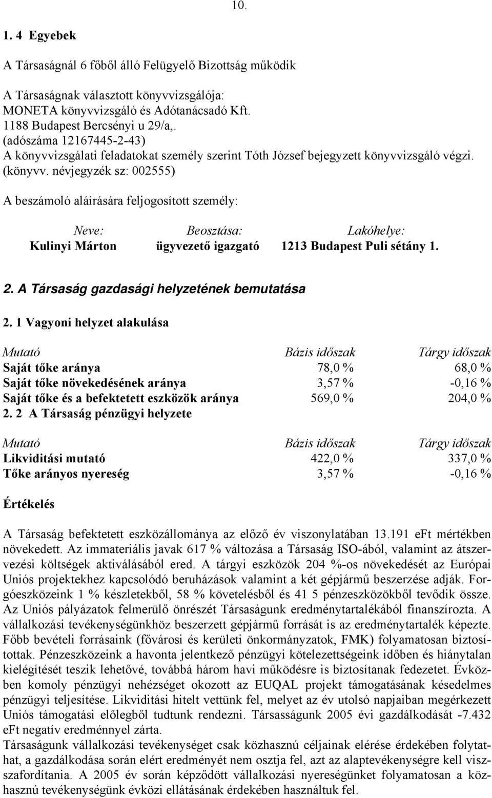 névjegyzék sz: 002555) A beszámoló aláírására feljogosított személy: Neve: Beosztása: Lakóhelye: Kulinyi Márton ügyvezető igazgató 1213 Budapest Puli sétány 1. 2.