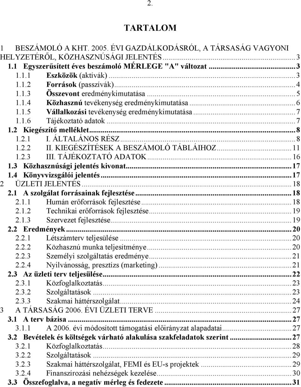 .. 7 1.2 Kiegészítő melléklet... 8 1.2.1 I. ÁLTALÁNOS RÉSZ... 8 1.2.2 II. KIEGÉSZÍTÉSEK A BESZÁMOLÓ TÁBLÁIHOZ... 11 1.2.3 III. TÁJÉKOZTATÓ ADATOK... 16 1.3 Közhasznúsági jelentés kivonat... 17 1.