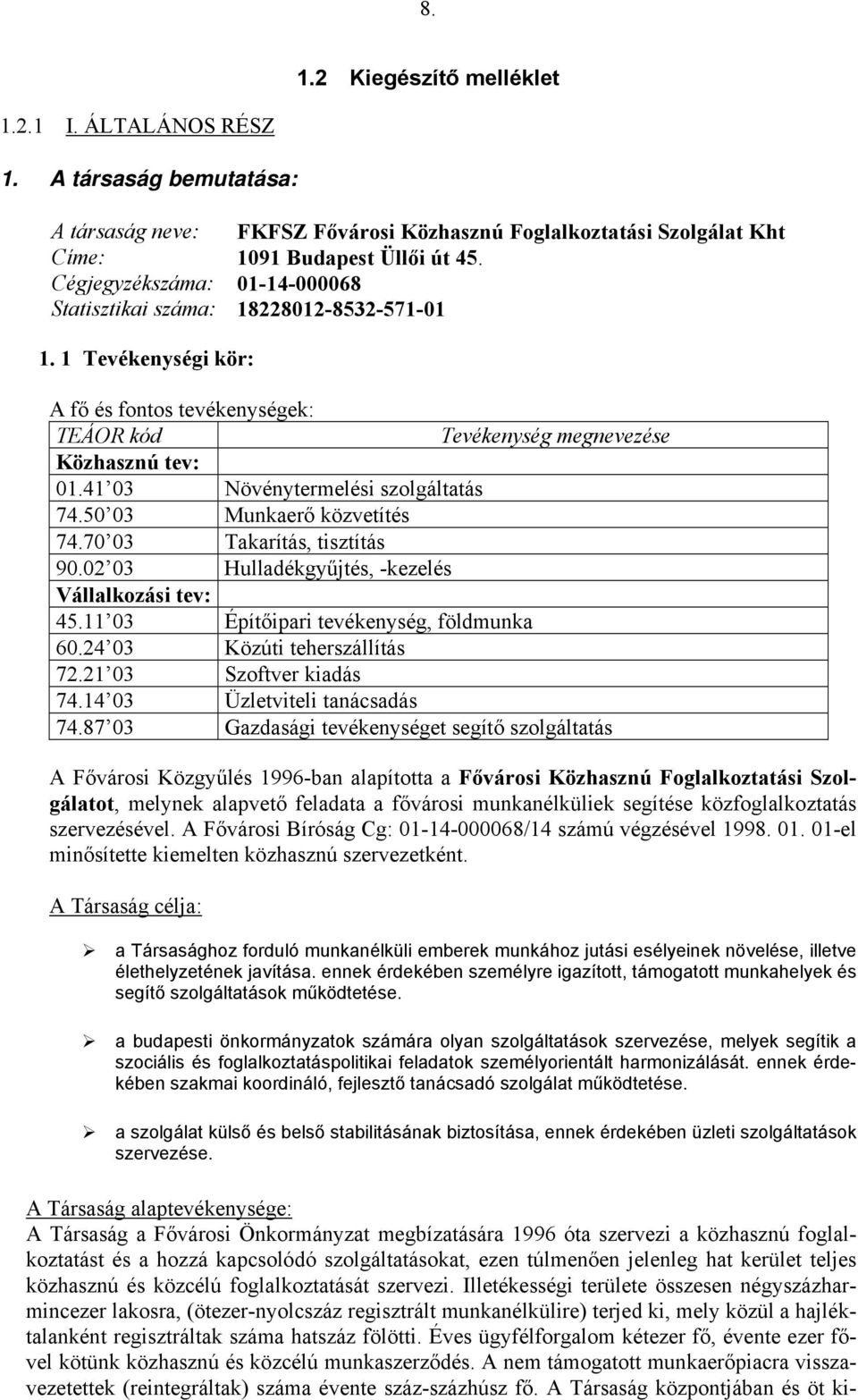 41 03 Növénytermelési szolgáltatás 74.50 03 Munkaerő közvetítés 74.70 03 Takarítás, tisztítás 90.02 03 Hulladékgyűjtés, -kezelés Vállalkozási tev: 45.11 03 Építőipari tevékenység, földmunka 60.