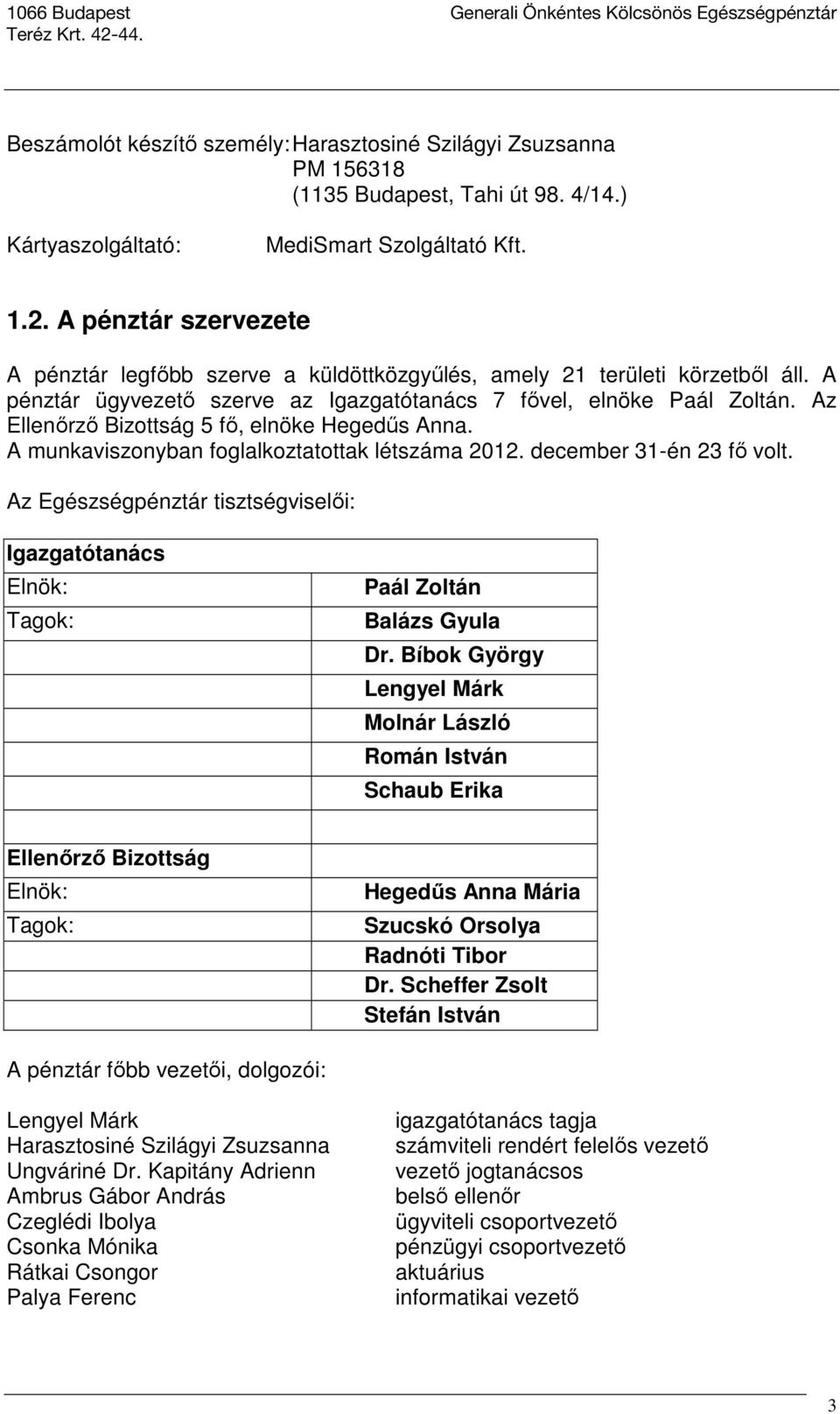Az Ellenőrző Bizottság 5 fő, elnöke Hegedűs Anna. A munkaviszonyban foglalkoztatottak létszáma 2012. december 31-én 23 fő volt.