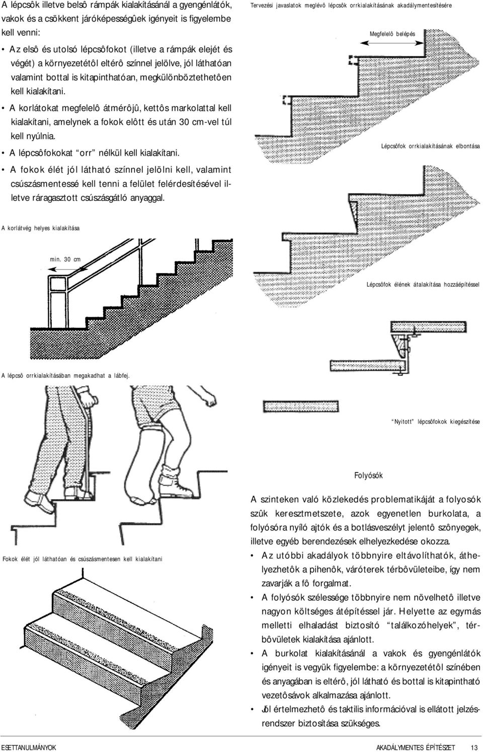 A korlátokat megfelelô átmérôjû, kettôs markolattal kell kialakítani, amelynek a fokok elôtt és után 30 cm-vel túl kell nyúlnia. A lépcsôfokokat orr nélkül kell kialakítani.