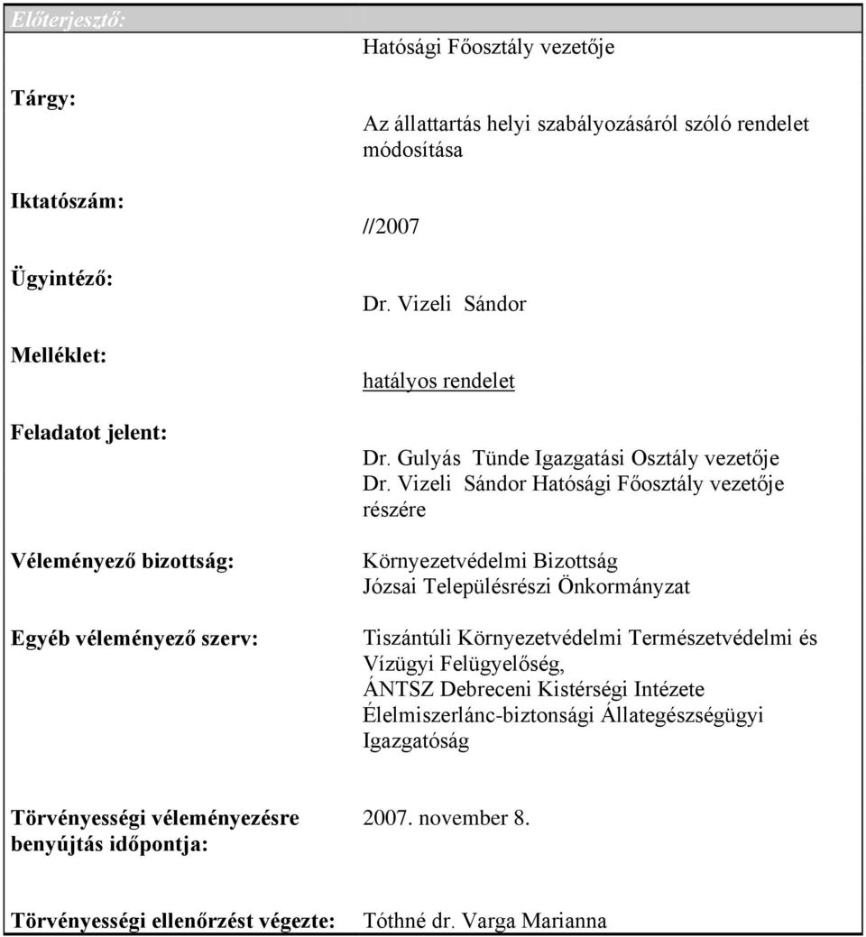 Vizeli Sándor Hatósági Főosztály vezetője részére Környezetvédelmi Bizottság Józsai Településrészi Önkormányzat Tiszántúli Környezetvédelmi Természetvédelmi és Vízügyi