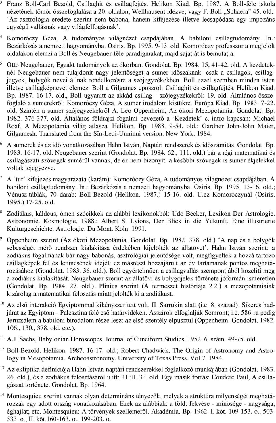 4 Komoróczy Géza, A tudományos világnézet csapdájában. A babilóni csillagtudomány. In.: Bezárkózás a nemzeti hagyományba. Osiris. Bp. 1995. 9-13. old.