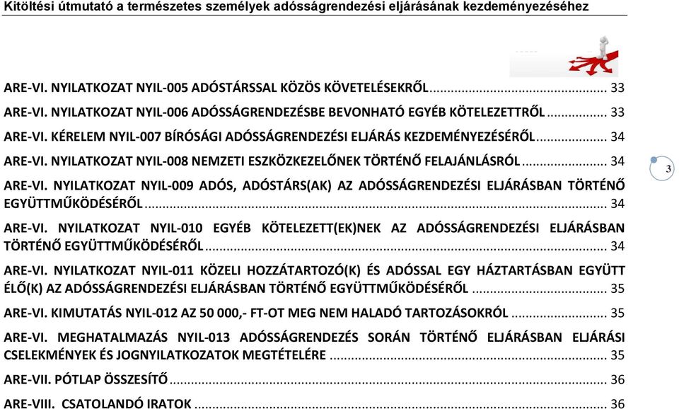 .. 34 ARE-VI. NYILATKOZAT NYIL-010 EGYÉB KÖTELEZETT(EK)NEK AZ ADÓSSÁGRENDEZÉSI ELJÁRÁSBAN TÖRTÉNŐ EGYÜTTMŰKÖDÉSÉRŐL... 34 ARE-VI. NYILATKOZAT NYIL-011 KÖZELI HOZZÁTARTOZÓ(K) ÉS ADÓSSAL EGY HÁZTARTÁSBAN EGYÜTT ÉLŐ(K) AZ ADÓSSÁGRENDEZÉSI ELJÁRÁSBAN TÖRTÉNŐ EGYÜTTMŰKÖDÉSÉRŐL.