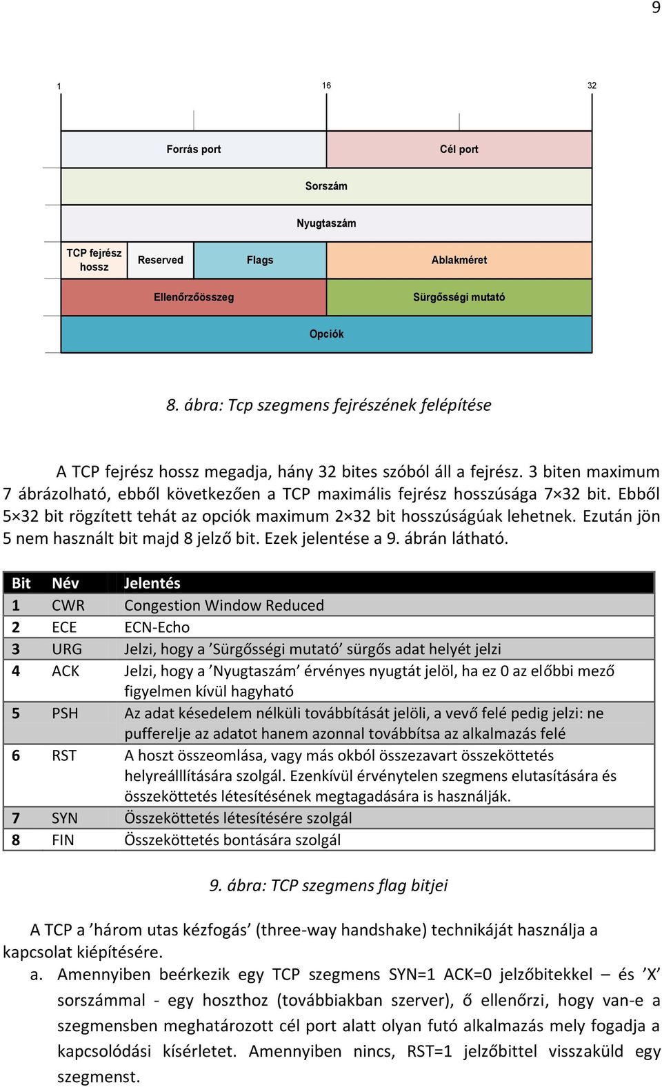 Ebből 5 32 bit rögzített tehát az opciók maximum 2 32 bit hosszúságúak lehetnek. Ezután jön 5 nem használt bit majd 8 jelző bit. Ezek jelentése a 9. ábrán látható.