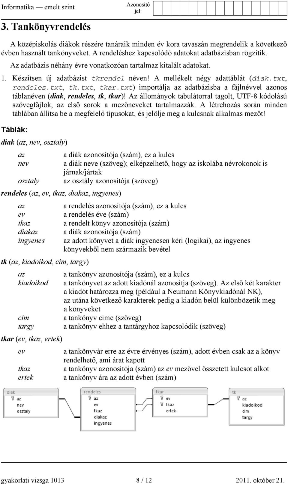 txt) importálja az adatbázisba a fájlnévvel azonos táblanéven (diak, rendeles, tk, tkar)! Az állományok tabulátorral tagolt, UTF-8 kódolású szövegfájlok, az első sorok a mezőneveket tartalmazzák.