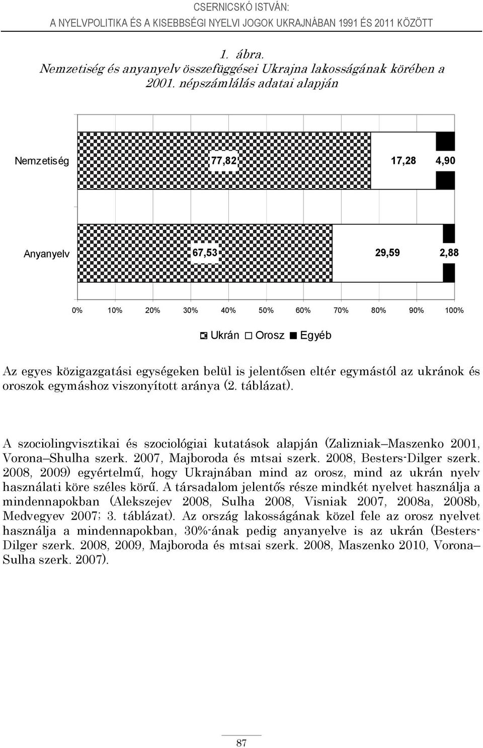 eltér egymástól az ukránok és oroszok egymáshoz viszonyított aránya (2. táblázat). A szociolingvisztikai és szociológiai kutatások alapján (Zalizniak Maszenko 2001, Vorona Shulha szerk.