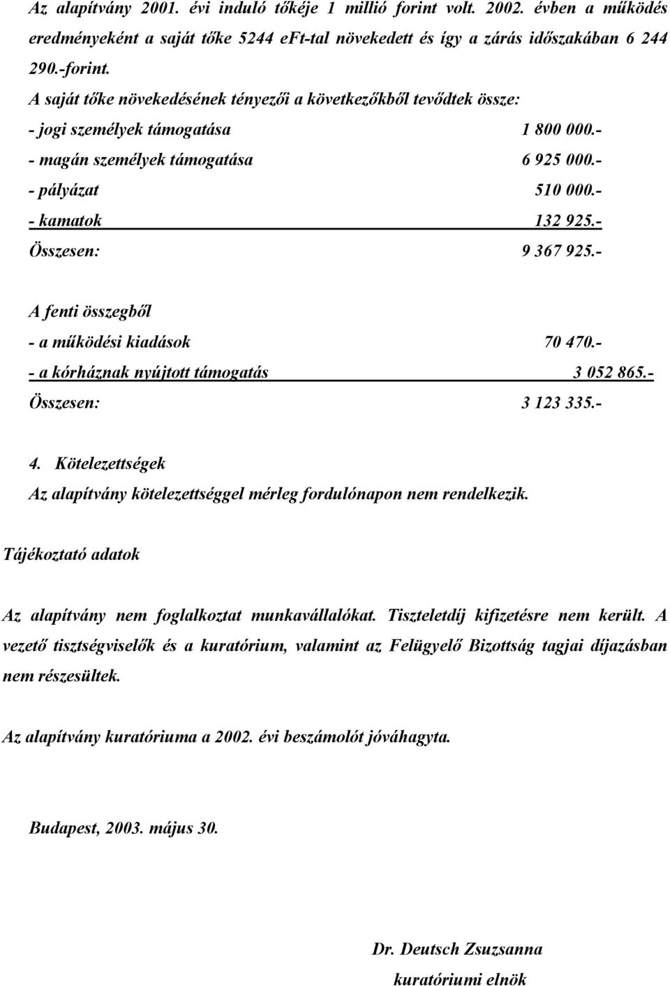 - Összesen: 9 367 925.- A fenti összegbıl - a mőködési kiadások 70 470.- - a kórháznak nyújtott támogatás 3 052 865.- Összesen: 3 123 335.- 4.