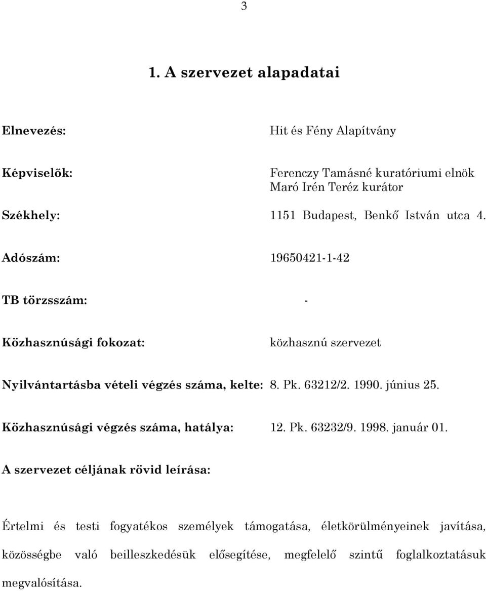 Adószám: 19650421-1-42 TB törzsszám: - Közhasznúsági fokozat: közhasznú szervezet Nyilvántartásba vételi végzés száma, kelte: 8. Pk. 63212/2. 1990.