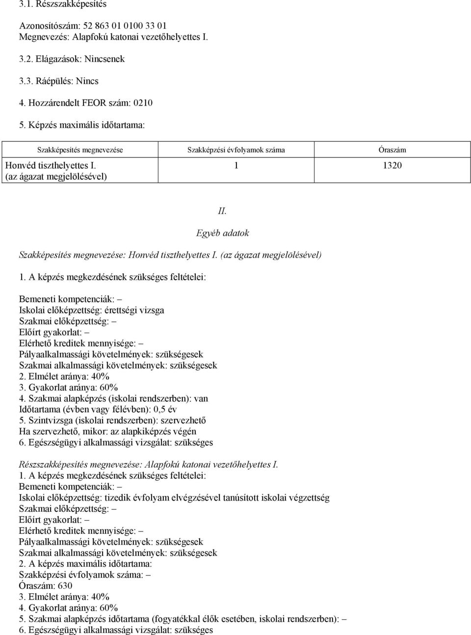 Egyéb adatok Szakképesítés megnevezése: Honvéd tiszthelyettes I. (az ágazat megjelölésével) 1.