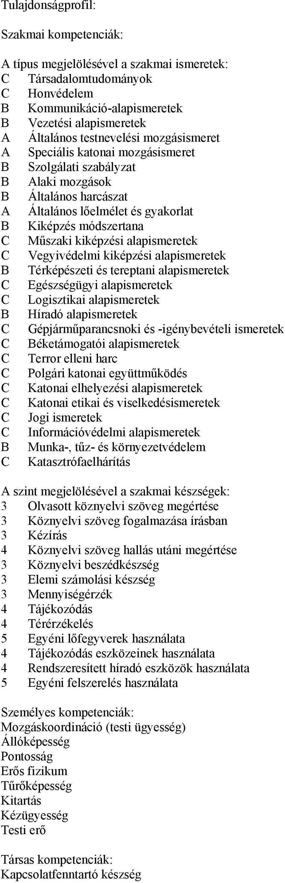 alapismeretek C Vegyivédelmi kiképzési alapismeretek B Térképészeti és tereptani alapismeretek C Egészségügyi alapismeretek C Logisztikai alapismeretek B Híradó alapismeretek C Gépjárműparancsnoki és